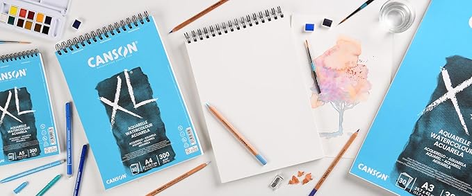 CANSON XL Watercolour 300gsm A5 Paper, Cold Pressed, Spiral Pad Short Side, 30 White Sheets, Ideal for Professional Artists