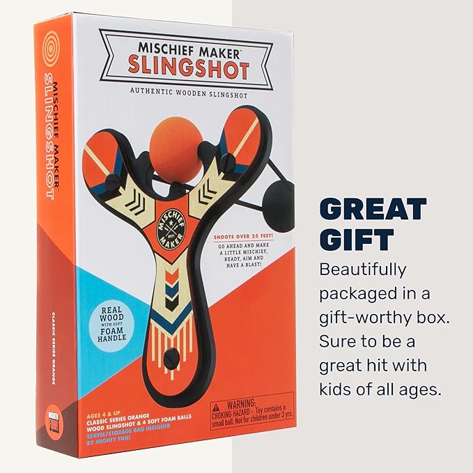 Mighty Fun! - Mischief Maker® Wooden Slingshot - Classic Series - Real Wood Slingshot for Kids, 4 Soft Foam Balls and Storage Bag - Ages 4+ (Orange)