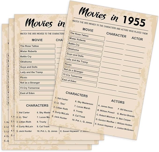 70th Birthday Party Games, Movies in 1955 Games, Birthday Party Supplies for Adults, Fun 1955s Party Game，Pack of 30 Cards