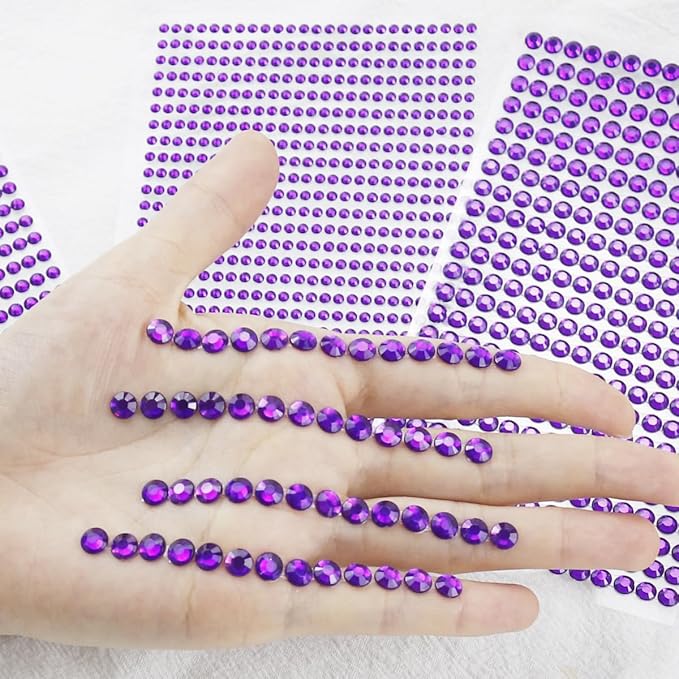 1799 Pcs 4 Sheets Rhinestone Stickers 3/4/5/6 mm Self Adhesive Rhinestones Gems for Face Eyes Makeup Hair Body (purple-3/4/5/6mm)