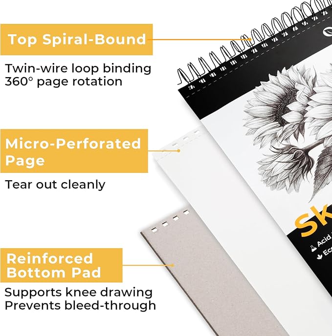 Ohuhu 9x12 Tear-Resistant Sketch Book - Bamboo Fiber Drawing Sketchbook - Top Spiral-Bound Sketch Pad - 100 Sheets Sketching Book - 79 lb/110 gsm - Acid-Free Art Drawing Painting Paper for Artists