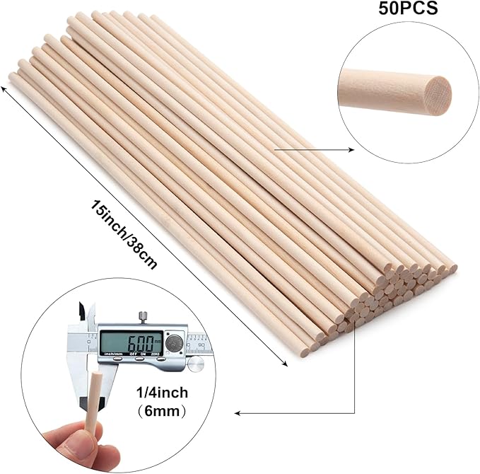 Wood Dowel Rods Wooden Dowels for Crafts, 50 PCS 1/4 x 15 Wooden Sticks for Crafts, Round Macrame Dowels, Unfinished Small Wood Sticks for Crafting, Lollipops, Tiered Cake, Photo Booth Props
