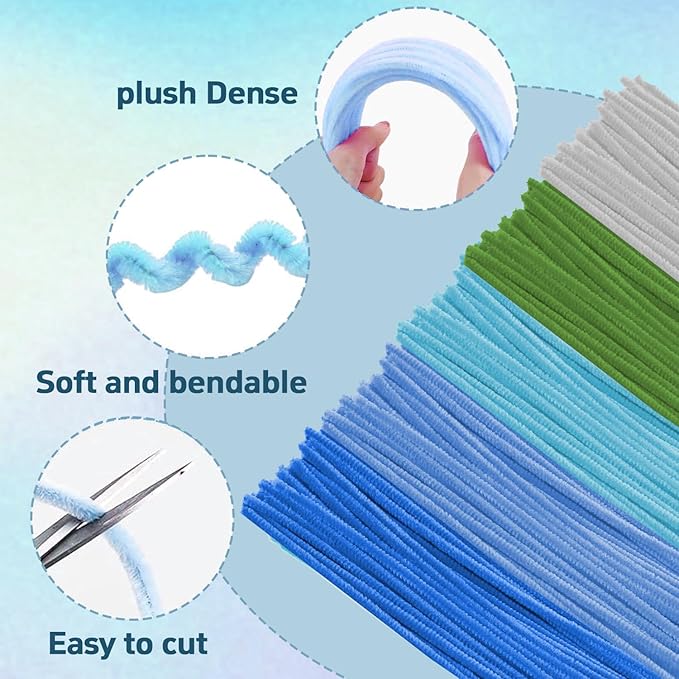 500 Pcs Pipe Cleaners Craft，5 Colors Pipe Cleaners Bulk,Chenille Stems Flowers Craft kit for DIY Handmade Bouquet Wrapping Party Decorations whit Ribbons，Stems,Tape，Stamens, Glue Sticks (Blue)