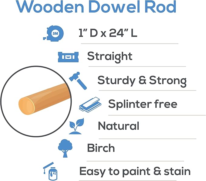 Wooden Dowel Rod, 1 Inch x 24 Inch Wood Dowels, Pack of 5 Wooden Dowels for Crafts, Unfinished Hardwood Dowels Rods, Strong Wood Rod Dowels for Crafting and DIYers