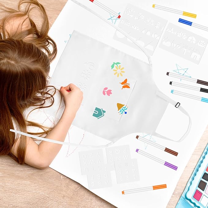 Morcheiong 6/12/24 Pack Adjustable Kid Apron Children Apron with Colored Pen and Craft Template Children Painting Apron-White