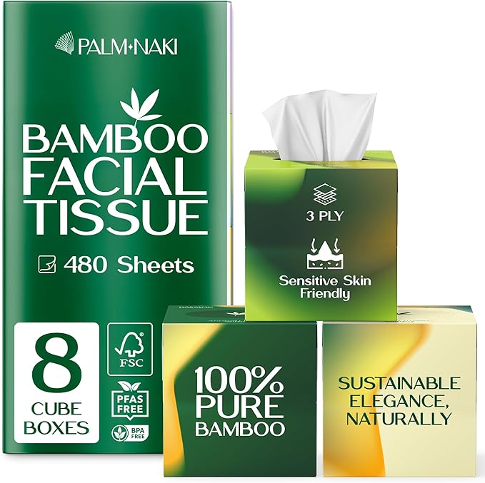 Bamboo Facial Tissue | 3-Ply Strong | Lint-Free, Fragrance-Free | Gentle for Sensitive Skin | BPA & PFAS-Free, FSC Certified | 8 Cube Boxes (480 Sheets) | PALM NAKI