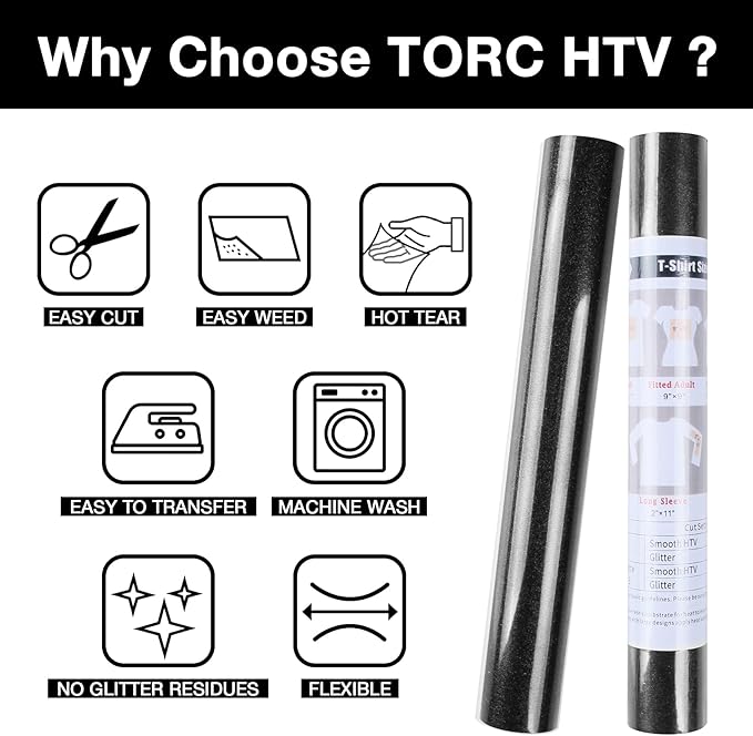 TORC Black Glitter HTV Heat Transfer Vinyl Roll 12 inch x 10 ft Iron on Vinyl for T Shirts Crafts