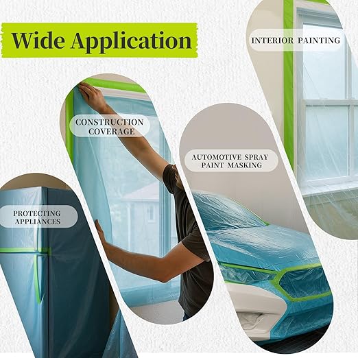 Pre-Taped Masking Film for Painting - 22" x 66' Masking Plastic with Automotive Tape and Drape for Covering Cars, Walls, Windows, Furniture, and More During Painting Projects （2 Rolls）