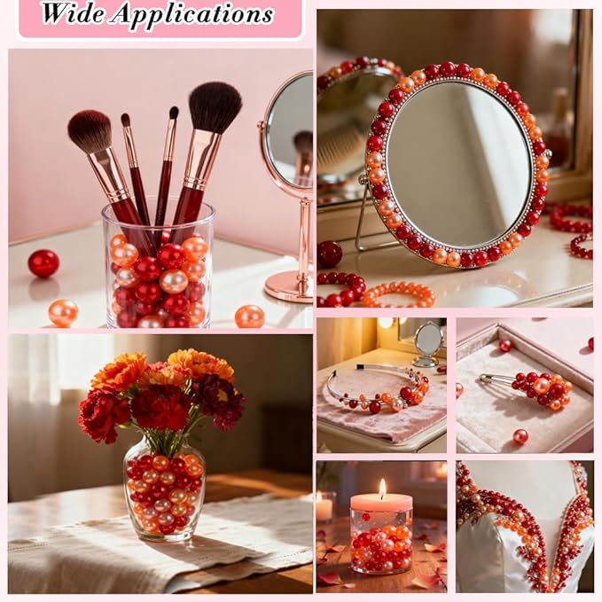 Pearl Beads No Hole Pearls for Crafting 180 Pcs Fake Pearls Faux Pearls for DIY Crafts Jewelry Making Vase Filler Floating Candle Wedding Birthday Party Home Decorations (Red & Orange, 8/10/14/20mm)