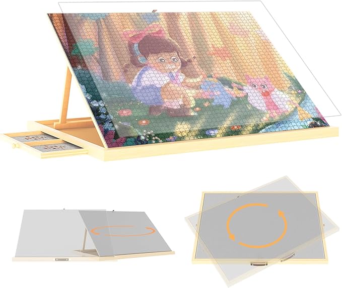 1500 Pieces 2-in-1 Tilting & Rotating Puzzle Board with 4-Angle Adjustment & Dual Rotation Mode, 34.05"x24.8" Portable Wooden Lazy Susan Jigsaw Puzzle Table with Drawers and Cover for Adults Gifts
