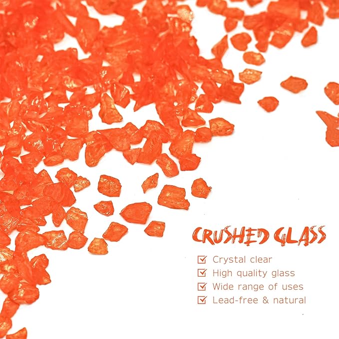 Crushed Glass for Resin Art - 3-6mm Orange Red, 1.5lb | Broken Glass Pieces for Crafts, Vase Filler & Fire Pit Media | Decorative Stones