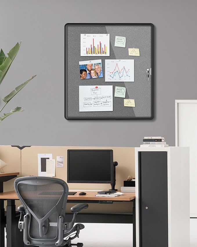 28"x26" Enclosed Bulletin Board, Lockable Weather-Resistant Aluminum Cork Noticeboard for School & Office, Black Frame w/Grey Flet
