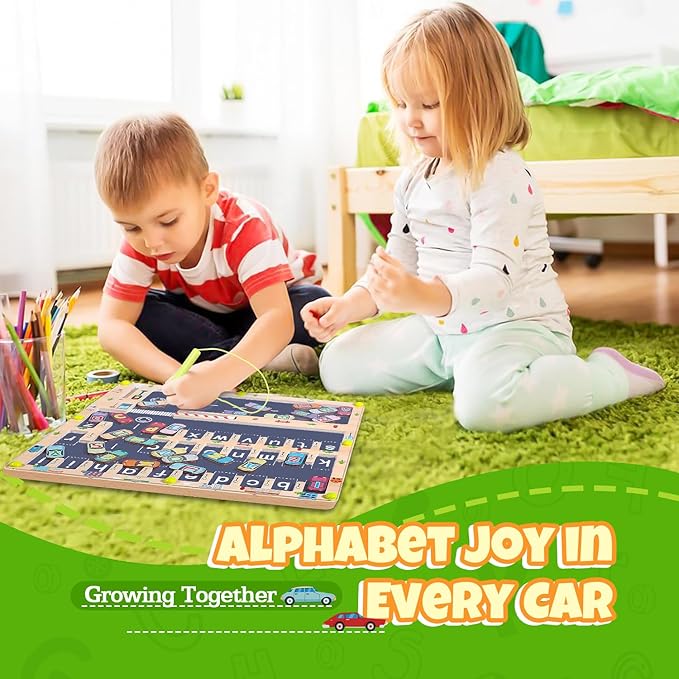 Magnetic Alphabet Maze Letter Puzzle Board, NOWRICH Montessori Toys for 2 3 4 5 Years Old Boys Girls, Magnet Alphabet Learning Car Parking Maze Toys for Kids 3-5, Birthday Gifts for Toddler