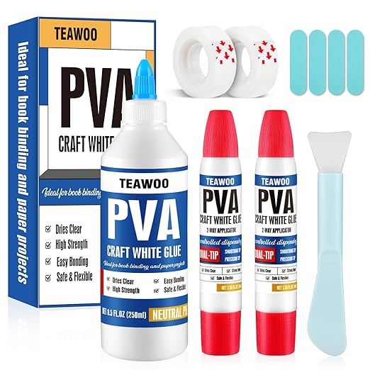 Book Repair & Binding Glue Kit – 8.5 Oz + 2×1.35 Oz Acid-Free PVA Adhesive – Neutral pH, Dries Clear & Flexible for Books, Crafts, Collages & Paper Art, Used for Bookbinding and Book Repair