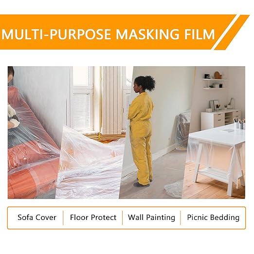 Pre-Taped Masking Film for Painting 59inx65ft Plastic Painters Sheeting Tape and Drape Painters Paper Rolls for Automotive Painting Covering (2 Rolls+2 Tapes)