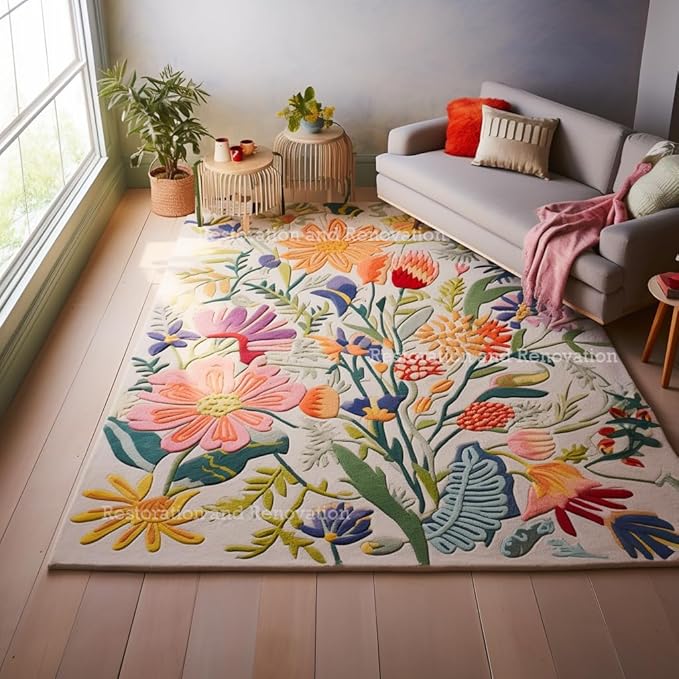 Handmade Wool Floral Area Rug for Living Room | Elegant Flower Garden Design, Soft, Thick and Durable | Bedroom, Dining Room & Home Decor Carpet (4' x 6', Floral B)