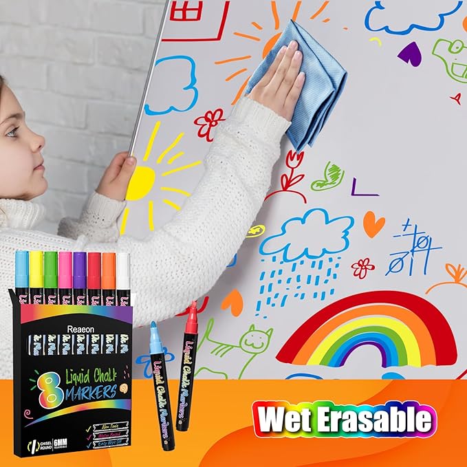 Chalk Markers, Vibrant Color Liquid Chalk Pens, for Chalkboard, Blackboard, Window, Glass, Mirror, Water-Based, Non-Toxic, 6mm Reversible Tip, 8 Pack