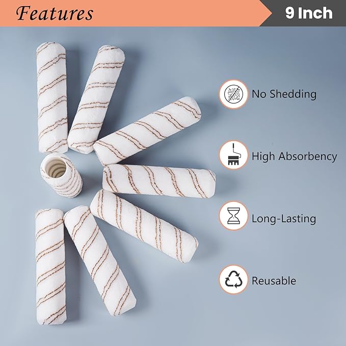 Mister Rui 9 Inch Microfiber Roller Covers, 3/8" Nap, 5 Pack, Paint Rollers for Painting, Roller Sleeves for Walls & Ceilings, Reusable Paint Rollers for Smooth Finish