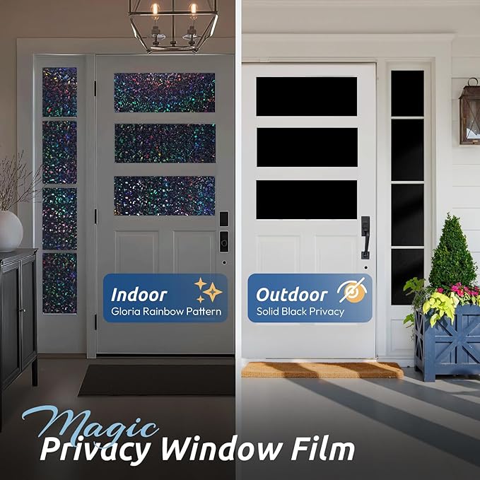rabbitgoo Blackout Rainbow Window Privacy Film Decorative Stained Glass Diamond Pattern Window Sticker with Iridescent Tint Non-Adhesive Static Cling for Home Office Bathroom, 17.5 x 118.1 inch, Black
