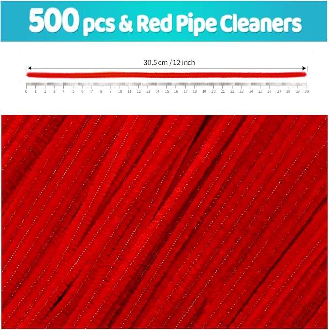 Iooleem 500pcs Red Pipe Cleaners, Chenille Stems, Pipe Cleaners for Crafts, Pipe Cleaner Crafts, Art and Craft Supplies.