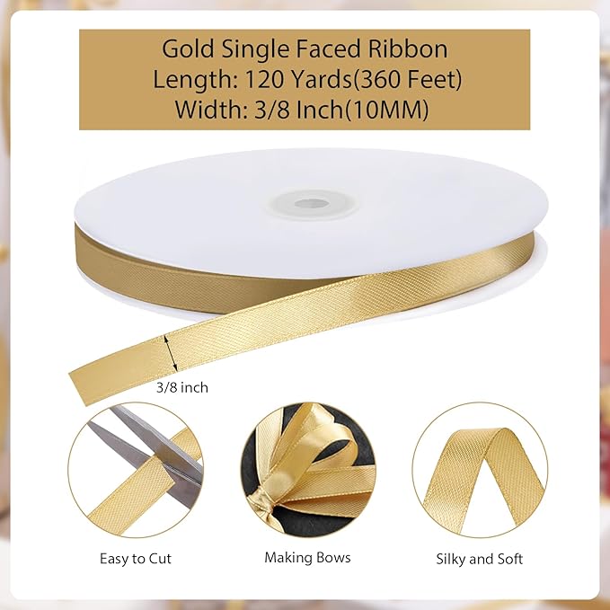 Gold Ribbon 3/8 Inch 120 Yards Thin Craft Christmas Satin Ribbon for Gift Wrapping Sewing Trim Cake Hair Bows Crafts Christmas Decorations