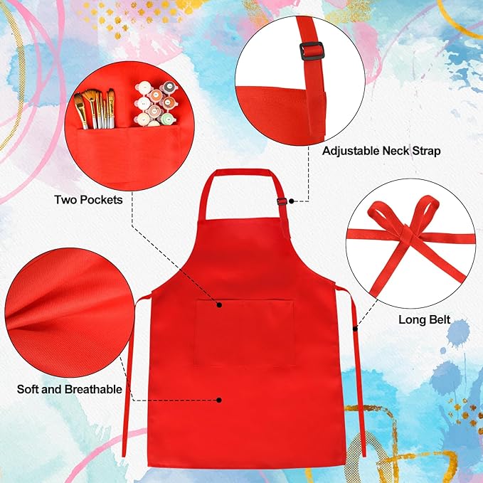 PLULON 10 Pcs Kids Apron Set Adjustable Children Art Aprons with 2 Pockets Artist Apron Bulk for Baking Painting Cooking Activity - 10 Colors