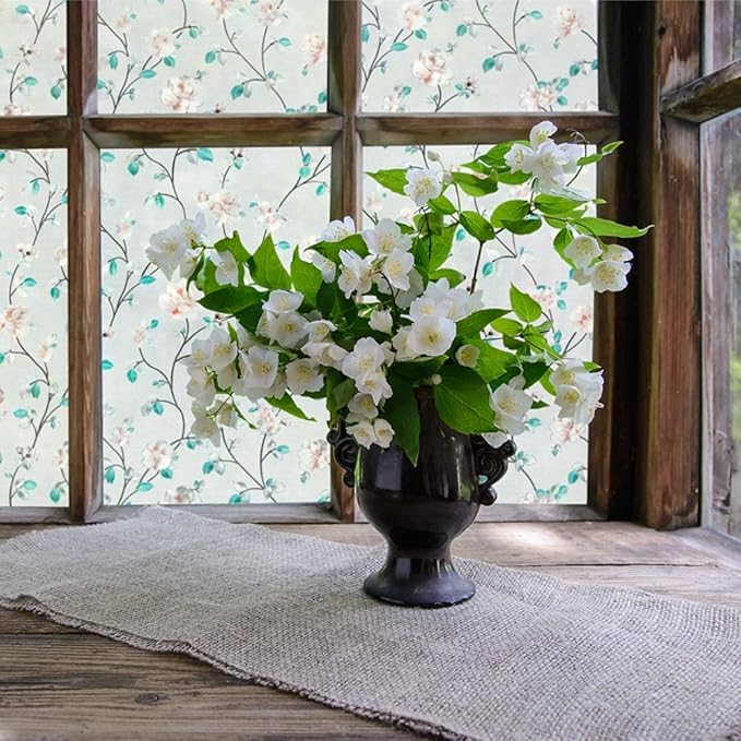 VSUDO Static Cling Decorative Window Privacy Film – Frosted Privacy Window Film with Jasmine Floral & Stained Glass Design, Adhesive-Free Tint for Home, Bathroom & Office (35.4" x 78.7")