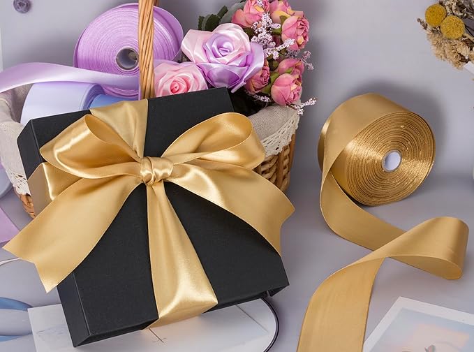 2 Inch Champaign Gold Solid Satin Ribbon, 50 Yards Craft Fabric Ribbon for Gift Wrapping Floral Bouquets Wedding Party Decoration