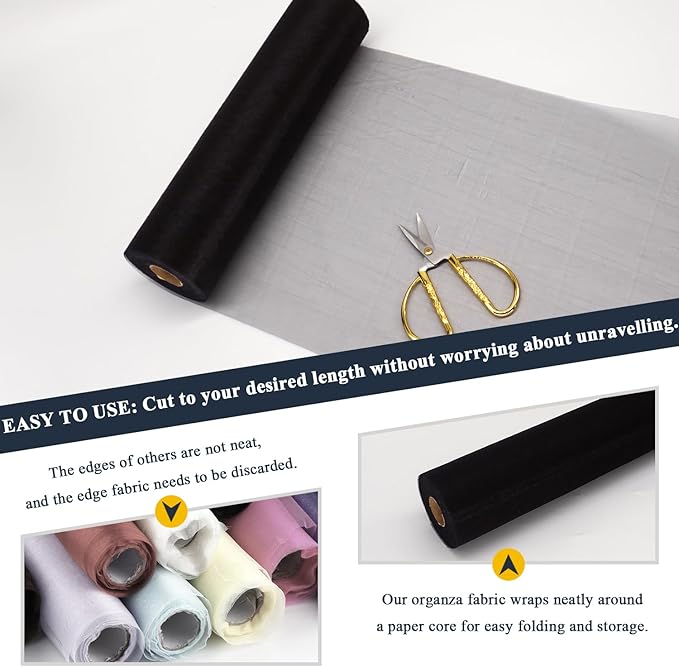 Black Organza Tulle Fabric Rolls, Crystal Organza 12" by 50 Yards (150 ft) Sheer Nylon Silky Shiny Netting Spool Bolt for DIY Craft Table Runner Wedding Baby Shower Party Decor (Black)