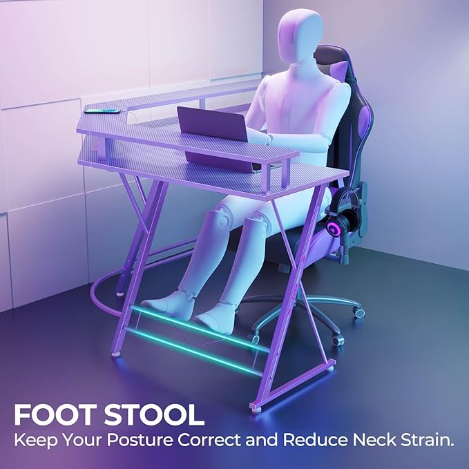 SEVEN WARRIOR Gaming Desk 50.4” with LED Light & Power Outlets, L-Shaped Gaming Desk Carbon Fiber Surface with Monitor Stand, Ergonomic Gamer Table with Headphone Hook, Purple
