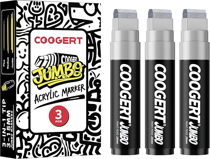 3Pcs Silver Jumbo Poster Markers, 15MM Thick Permanent Acrylic Graffiti Markers, Wide Tip Paint Marker for Canvas, Posters Board, Fabric, Window, Glass, Wood, Teachers,Banner painting supplies