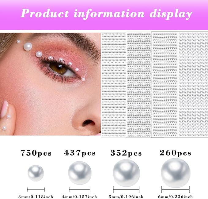 1799 Pcs 4 Sheets Pearl Rhinestone Stickers 3/4/5/6 mm Self Adhesive Rhinestones Gems for Face Eyes Makeup Hair Body (White_pearl-3/4/5/6mm)