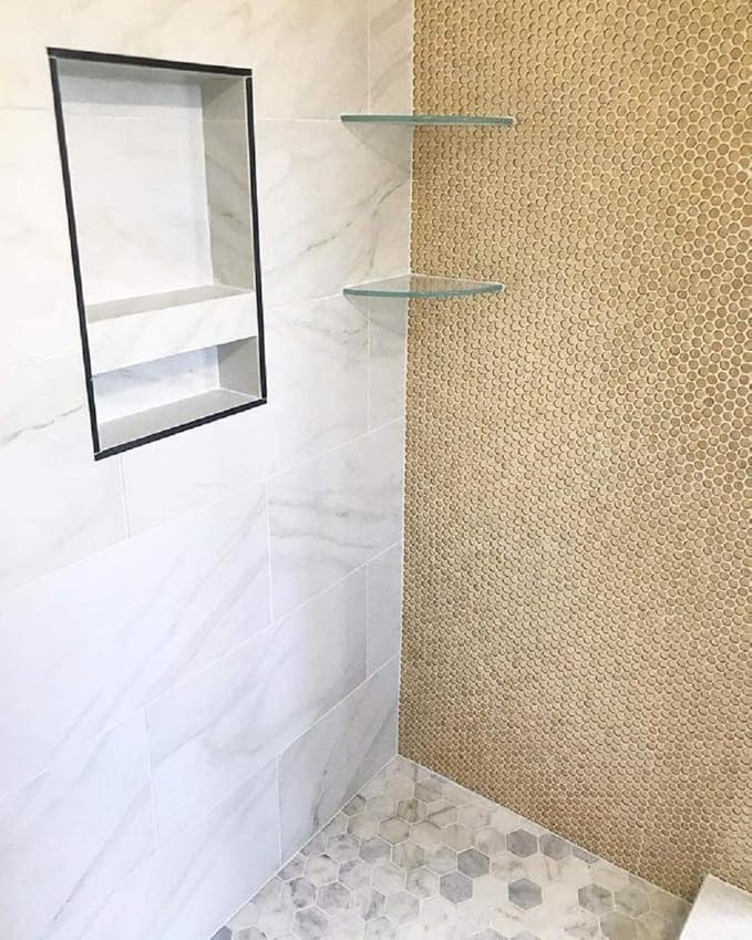 1.03 sq ft/Piece Pack of 1,Glossy Gold Glass Penny Round Mosaic Tiles – 12.2" x 12.2" Mesh-Mounted Sheets, Not Peel & Stick - Kitchen Backsplash, Shower Wall, Bathroom, Fireplace, Interior Decor