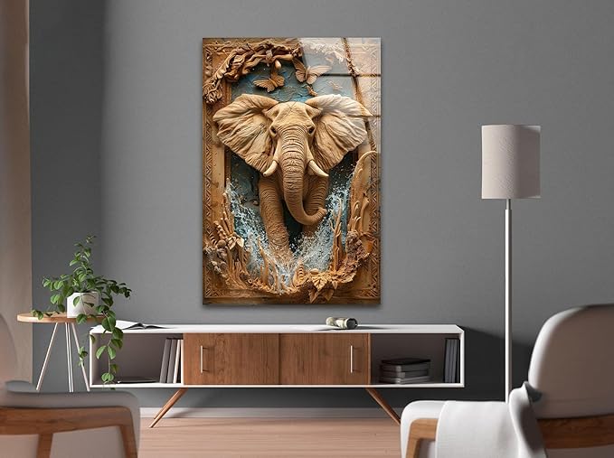 My Photostation.com Round 31,5'' Elephant Carving Glass Wall Art Tempered Glass Printing Wall Decor Large Wall Art Wall Hangings