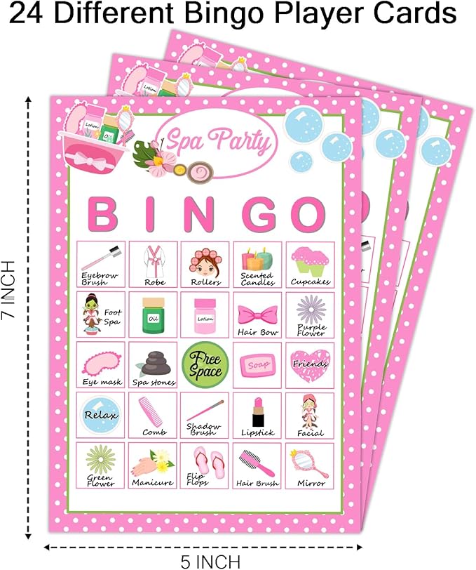 Spa Party Bingo Game Cards(24 Players), Beauty Themed Bingo Card for Family Friend Adult, Large Group Holiday Sleepover Party Activity Favor Decoration Supplies -005