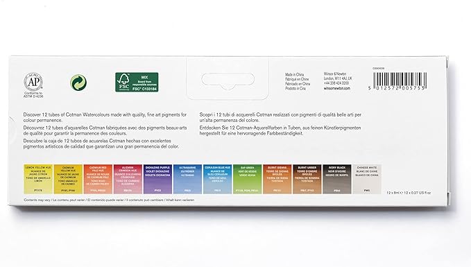Winsor & Newton Cotman Watercolor Paint Set, 12 Colors, 8ml (0.27-oz) Tubes