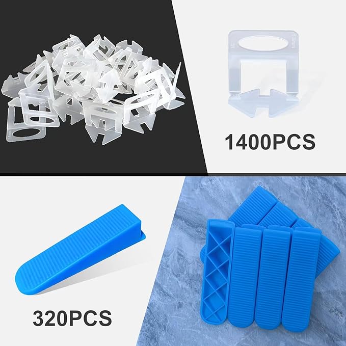 Tile Leveling System 1/16”Kit 1400pcs Tile Leveler Spacers Clips +320pcs Reusable Wedges Tile Leveler Tool Set for Tile & Stone Installation（1720）