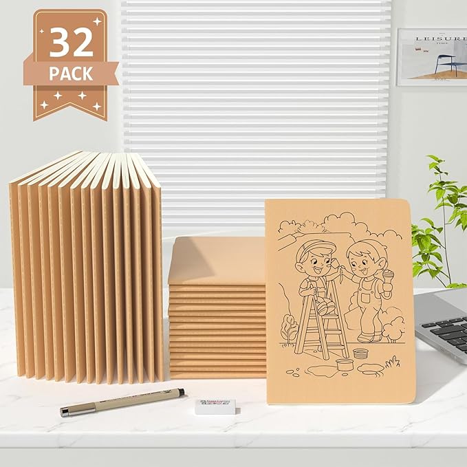 Oucaru Journaling Notebooks A5 College Ruled Notebook 32 Pack Lined Small Kraft Notebooks Bulk 8.3x5.5 Inches, Brown Composition Notebooks Writing Journal School Supplies for School Work and Travel