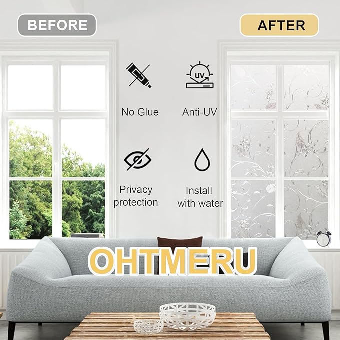 Window Privacy Film Decorative for Front Door, Bathroom Static Cling Stained Glass Sticker Opaque Heat Control UV Blocking Non-Adhesive for Home Windows 35.4 x 78.7 inches Horsetail