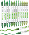Guangna 12 Green Dual Tip Acrylic Paint Markers, Brush Tip & Chisel Tip Acrylic Paint Pens for Rock, Wood, Glass, Paper, Coloring Book, Ceramic, Canvas, Water-Based Ink