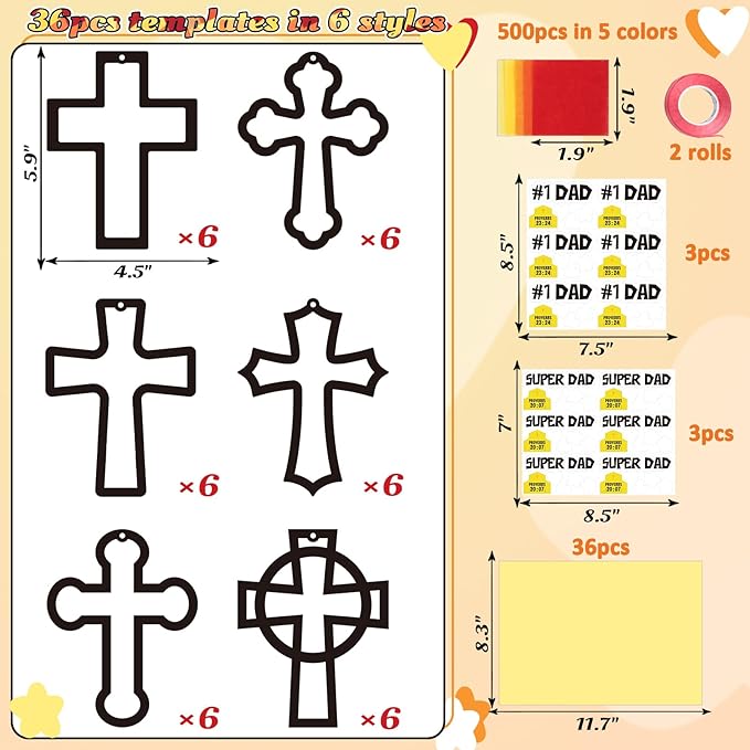 36PCS Fathers Day Crafts Bulk: Father's Religious Paper Suncatchers, Christian Sunday School Classroom Activity DIY Kits Gifts Decorations, Window Stained Glass Effect Art Supplies