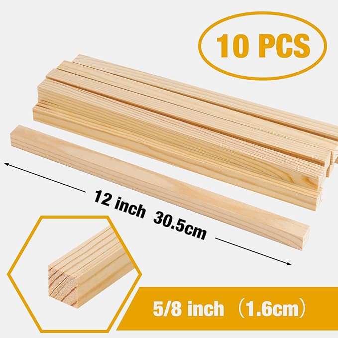 5/8" x 12" Square Wood Dowels Wooden Dowel Rods for Crafting, 10 PCS Square Wood Sticks for Crafts, Unfinished Pine Hardwood Sticks for Woodworking Models Making Dollhouses Miniatures