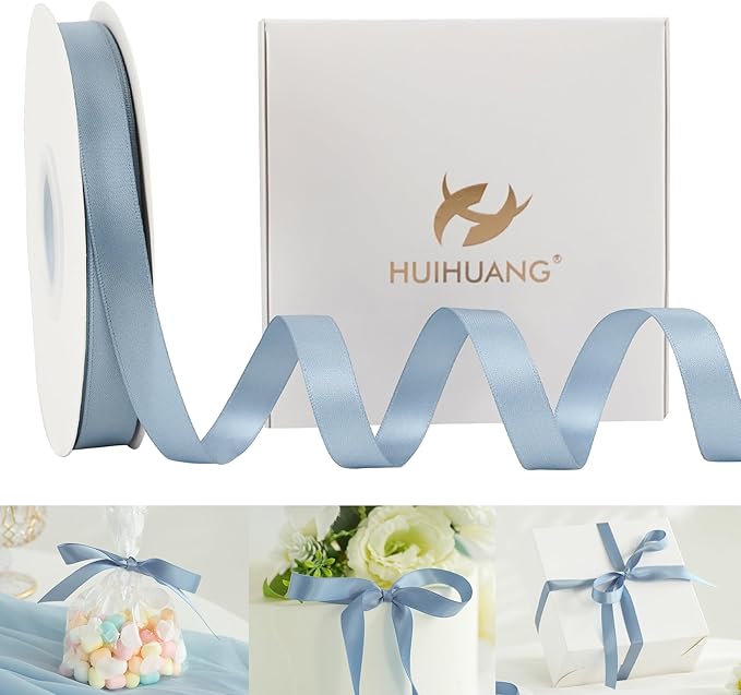 HUIHUANG Dusty Blue Satin Ribbon 1/2 inch X 50 Yards Continuous, Blue Double-Faced Satin Ribbon for Gift Wrapping, Bows, DIY Crafts, Flower Bouquet, Bridal Wedding Decor, Flower Crowns Decor