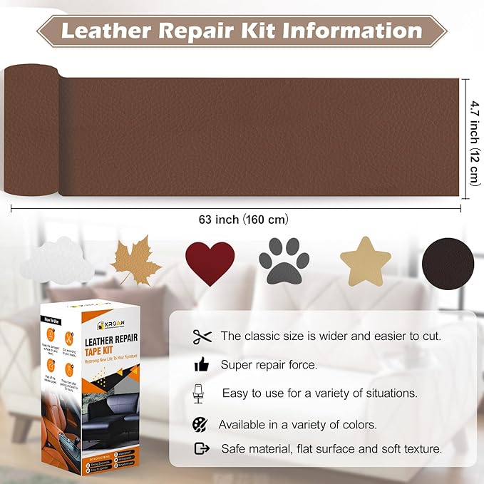 Leather Repair Tape, 4.7x63 inch Leather Patches for Furniture, Self Adhesive Leather Repair Patch for Sofas, Couches, Leather Covers, Seats, Chairs, Vinyl Repair Tape Wine Red