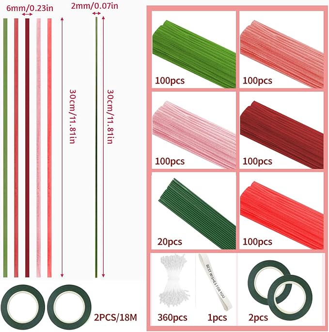 500 Pcs Pipe Cleaners Craft，5 Colors Pipe Cleaners Bulk,Chenille Stems Flowers Craft kit for DIY Handmade Bouquet Wrapping Party Decorations whit Ribbons，Stems,Tape，Stamens, Glue Sticks (Red)