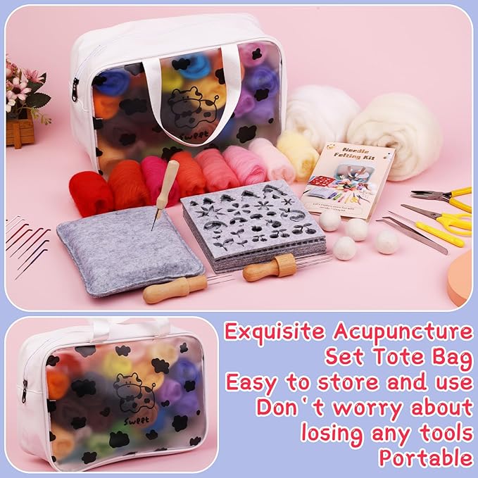 Mayboos Needle Felting Kit, 42 Colors Wool Roving Set, Needle Felting Kit with Felting Tool and Foam Mat Needle Felting Supplies for Home Decoration Felted
