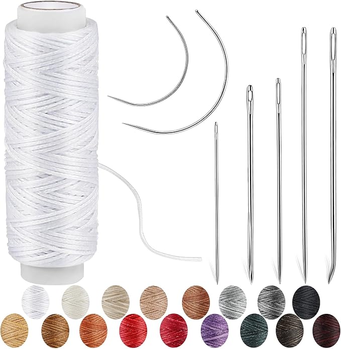 Ftyiwu Waxed Thread, Upholstery Needle and Thread 32 Yards with 7PCS Hand Sewing Needles for Home Upholstery Carpet Canvas Repair Leather Sewing (White)
