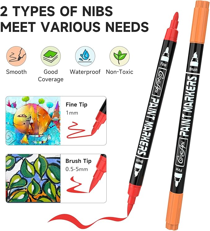 20 Colors Acrylic Paint Pens, Water-based Paint Markers for Wood,Canvas, Glass, Ceramic, Roch Painting,DIY Crafts, Art Supplier (20 Corlors(Brush and Fine Nib))
