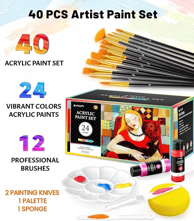 40 PCS Acrylic Paint Set with 12 Brushes, 2 Knives & Palette, 24 Colors (2oz/60ml) Art Craft Paint for Adults Kids Artists Beginners, Halloween Pumpkin Canvas Ceramic Rock Painting Kit