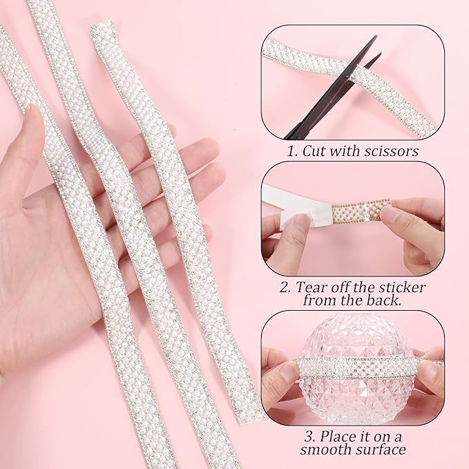 3 Rolls Pearl Rhinestone Ribbon Self Adhesive Pearl Crystal Strips Sticker Bling Pearls Strips Trims Diamond Pearls Tape for DIY Phone Clothing Crafts (3 Yard x 0.59 Inch)